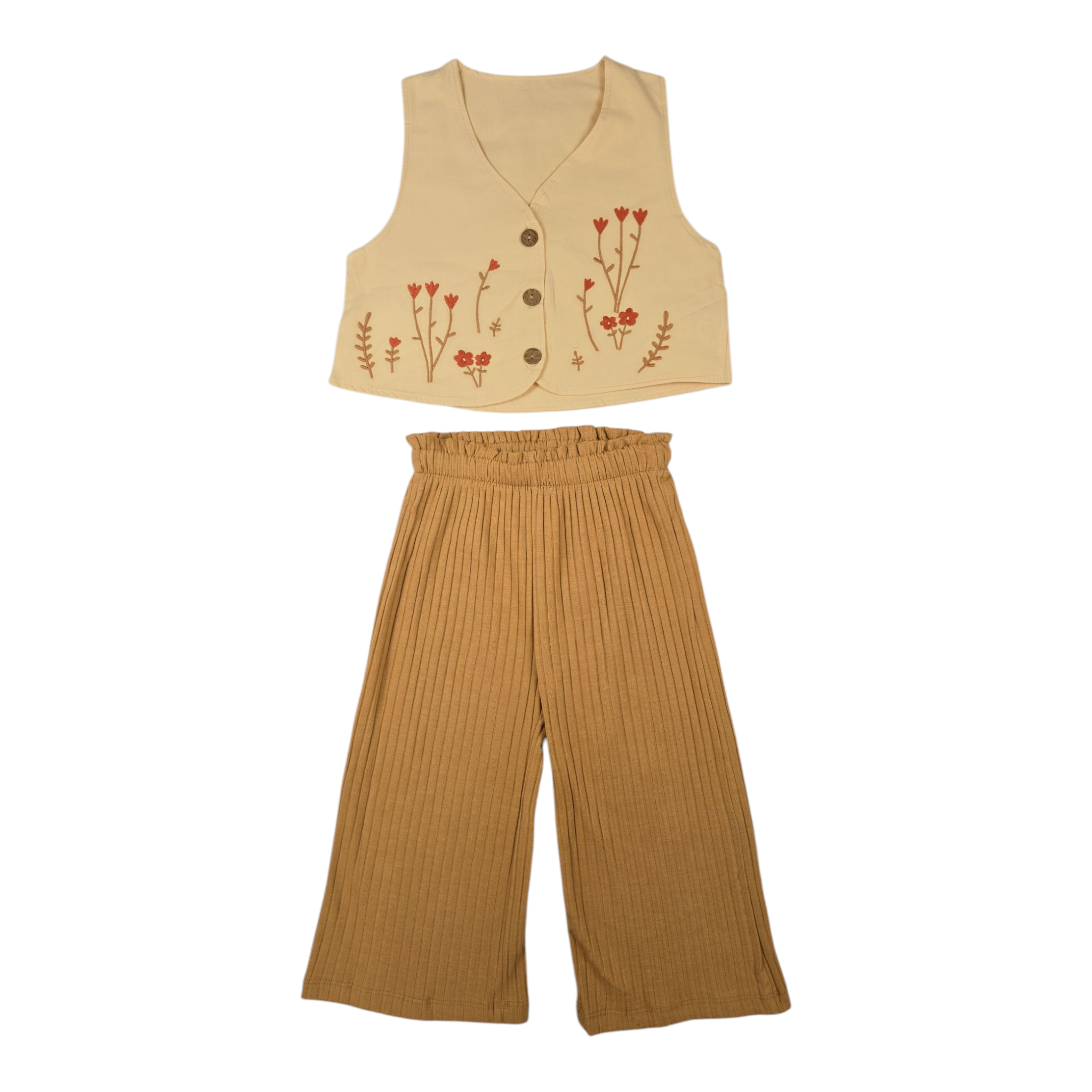 Boho Floral Toddler Embroidered Cotton Vest and Ribbed Pants Set - Ages 2–6 Years